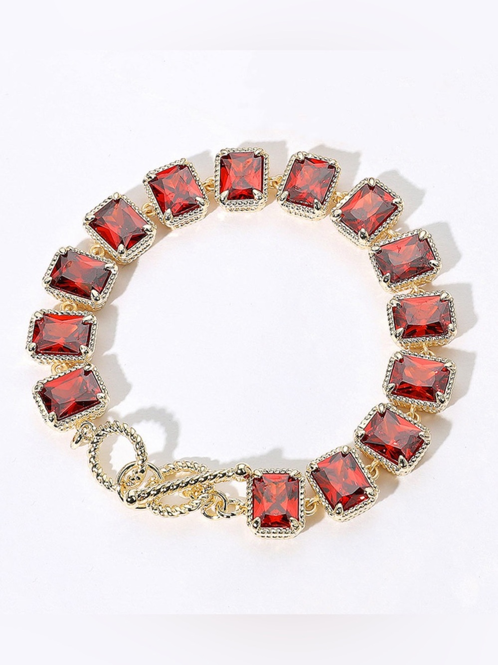 14K GP Red Emerald Cut Stone Cluster Link Toggle Closure Bracelet